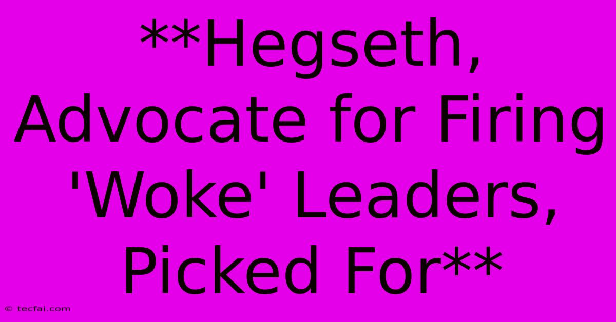 **Hegseth, Advocate For Firing 'Woke' Leaders, Picked For**